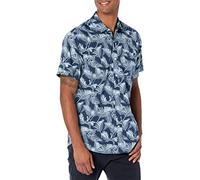 Amazon Essentials Camicia con Stampa a Maniche Corte vestibilità Regolare Uomo, Blu Marino Blu Cielo Foglie di Palma, S