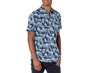 Amazon Essentials Camicia con Stampa a Maniche Corte vestibilità Regolare Uomo, Blu Marino Blu Cielo Foglie di Palma, M