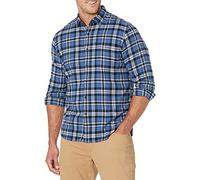 Amazon Essentials Camicia In Flanella Scozzese Con Bottoni A Maniche Lunghe Sagomata Uomo, Nero Blu Motivo Scozzese, XS