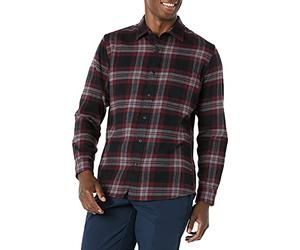 Amazon Essentials Camicia In Flanella Scozzese Con Bottoni A Maniche Lunghe Sagomata Uomo, Nero Bordeaux Motivo Scozzese, XS