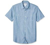 Amazon Essentials Camicia in Popeline a Maniche Corte Regular Fit Uomo, Blu Medio, XL