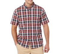 Amazon Essentials Camicia in Popeline a Maniche Corte Slim Uomo, Blu Marino Rosso Bianco Motivo Scozzese, M