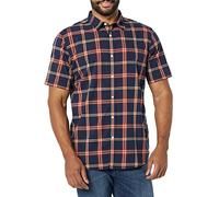 Amazon Essentials Camicia in Popeline a Maniche Corte Slim Uomo, Blu Marino Rosso Motivo Scozzese, M