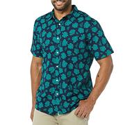 Amazon Essentials Camicia in Popeline a Maniche Corte Slim Uomo, Blu Marino Verde Acqua Stampa Foglie di Palma, XS