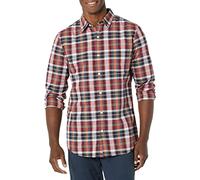 Amazon Essentials Camicia in Popeline Elasticizzato A Manica Lunga dalla vestibilità Aderente Uomo, Blu Marino Rosso Bianco Motivo Scozzese, XS