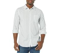 Amazon Essentials Camicia in Popeline Elasticizzato A Manica Lunga dalla vestibilità Aderente Uomo, Blu Bianco Righe, XL