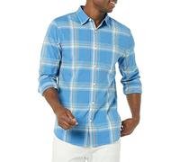 Amazon Essentials Camicia in Popeline Elasticizzato A Manica Lunga dalla vestibilità Aderente Uomo, Blu Chiaro Arancione Motivo Scozzese, S