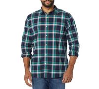 Amazon Essentials Camicia in Popeline Elasticizzato A Manica Lunga dalla vestibilità Aderente Uomo, Verde Scuro Blu Marino Motivo Quadri Medi, S