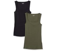 Amazon Essentials Canotta con Scollo Quadrato, vestibilità Aderente Donna, Pacco da 2, Nero/Verde Oliva Scuro, XS