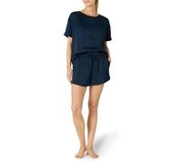 Amazon Essentials Completo da Notte in Raso con T-Shirt a Maniche Corte e Pantaloncini Donna, Blu Marino, XS