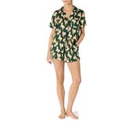 Amazon Essentials Completo da Notte in Raso con Top a Maniche Corte con Bottoni e Pantaloncini Donna, Verde Scuro Beige Zebre, S
