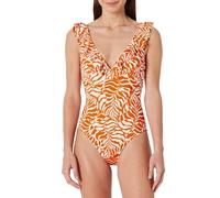 Amazon Essentials Costume da Bagno Intero con Scollo a V e Volant Donna, Arancio Ruggine Palme Astratte, 46