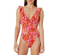 Amazon Essentials Costume Intero con Scollo a V con Volant Donna, Rosso Papavero Brillante Floreale Folk, 42