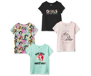 Amazon Essentials Disney | Marvel | Star Wars | Frozen | Princess T-Shirt a Maniche Corte Bambine e Ragazze, Pacco da 4, Nero/Verde/Rosa/Potere alle Principesse, 6-7 Anni