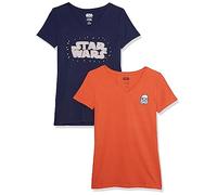 Amazon Essentials Disney | Marvel | Star Wars | Princess T-Shirt con Scollo a v a Maniche Corte con vestibilità Classica Donna, Pacco da 2, Logo Star Wars, L