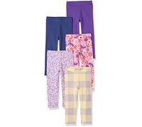Amazon Essentials Leggings Bambine e Ragazze, Pacco da 5, Blu Scuro/Giallo Motivo Scozzese/Lilla Tulipano/Porpora/Porpora Chiaro Folk Floral, 4 Anni