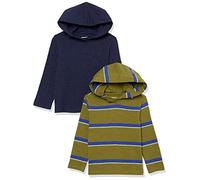 Amazon Essentials Maglia Leggera con Cappuccio a Maniche Lunghe Bambini e Ragazzi, Pacco da 2, Blu Marino Scuro/Verde Righe, 8 Anni