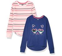 Amazon Essentials Maglie Termiche A Maniche Lunghe Bambine e ragazze, Pacco da 2, Blu Gatti/Rosa Righe, 5 anni
