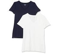 Amazon Essentials Maglietta con Scollo a v a Maniche Corte vestibilità Regolare Donna, Pacco da 2, Blu Marino/Bianco, XS