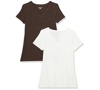 Amazon Essentials Maglietta con Scollo a v a Maniche Corte Vestibilità Regolare Donna, Pacco da 2, Caffè/Bianco, S