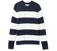 Amazon Essentials Maglione da Pescatore Girocollo a Coste a Manica Lunga in Cotone 100% Uomo, Blu Marino Bianco Righe da Rugby, XL