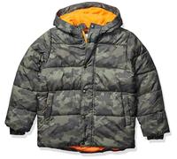 Amazon Essentials Piumino Pesante con Cappuccio Bambini e Ragazzi, Verde Militare Scuro Motivo Mimetico, 11-12 Anni