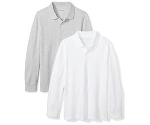 Amazon Essentials Polo in Filato piqué a Maniche Lunghe Bambini e Ragazzi, Pacco da 2, Bianco/Grigio Puntinato, 4 Anni