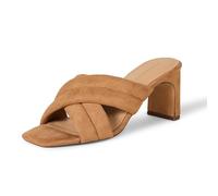 Amazon Essentials Sandalo con Tacco Incrociato con Cinturini Imbottiti e Soletta in Memory Foam Donna, Tan Finta Micro Scamosciato, 39.5 EU