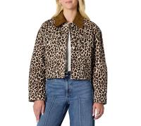 Amazon Essentials (Scelto da Demi) Giacca in Denim Corta con Colletto a Contrasto, Vestibilità Oversize Donna, Nero Marrone Stampa Animalier, XXS