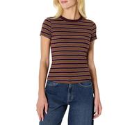 Amazon Essentials (Scelto da Demi) T-shirt a Maniche Corte a Costine, Elasticizzata, Vestibilità Aderente Donna, Bordeaux Marrone Righe, XL