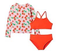 Amazon Essentials Set Bikini Tre Pezzi, con Rashguard a Maniche Lunghe Bambine e ragazze, Fragole/Rosso Pomodoro, 10 anni