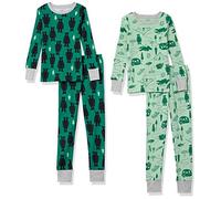 Amazon Essentials Set di Pigiama da Notte Attillati in Cotone Unisex Bambini e Ragazzi, Verde Bottiglia Orsi Polari/Verde Menta Motivo con Camper, 2 Anni