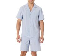 Amazon Essentials Set Pigiama con Camicia a Maniche Corte, Abbottonatura frontale, Colletto a Revers e Pantaloncini Uomo, Blu Fiordaliso Thin Stripe, XL