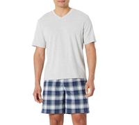 Amazon Essentials Set Pigiama con Maglietta a Maniche Corte con Scollo a V e Pantaloncini con Vestibilità Comoda Uomo, Grigio Chiaro Puntinato/Plaid Country, XXL