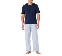 Amazon Essentials Set Pigiama con Pantaloni in Popeline di Cotone Elasticizzato e Maglietta in Jersey di Cotone Uomo, Blu Marino/Thin Stripe, XS
