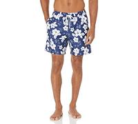 Amazon Essentials Shorts da Bagno da 18cm con Fodera Interna in Rete, Tasche, Chiusura con Coulisse Uomo, Blu Marino Fiori di Ibisco, L
