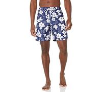 Amazon Essentials Shorts da Bagno da 23cm con Fodera Interna in Rete, Tasche, Chiusura con Coulisse Uomo, Blu Marino Fiori di Ibisco, L