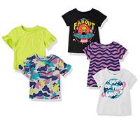 Amazon Essentials T-Shirt a Maniche Corte Bambine e Ragazze, Pacco da 5, Multicolore/Onde/Stampa Alieni/Stampa Testo/Stelle, 4 Anni