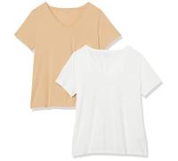 Amazon Essentials T-Shirt a Maniche Corte con Scollo a V, Taglie Forti Donna, Pacco da 2, Bianco/Cammello Chiaro, XL Plus