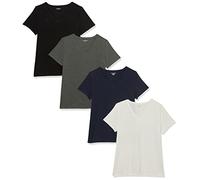 Amazon Essentials T-shirt a Maniche Corte con Vestibilità Classica (Opzioni Girocollo e Scollo a V) Donna, Pack of 4, Bianco/Carbone Puntinato/Blu Marino, L