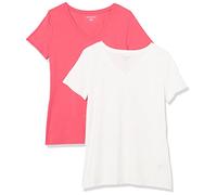 Amazon Essentials T-shirt a Maniche Corte con Vestibilità Classica (Opzioni Girocollo e Scollo a V) Donna , Pack of 2, Rosa Brillante/Bianco, XS