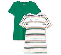 Amazon Essentials T-shirt a Maniche Corte con Vestibilità Classica (Opzioni Girocollo e Scollo a V) Donna , Pack of 2, Bianco Righe/Verde, XS