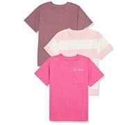 Amazon Essentials T-shirt a maniche corte stile moderno Unisex Bambini e Ragazzi, Pacco da 3, Bianco Righe Da Rugby/Rosa Stampa Testo/Rosato Opaco, 5 anni