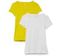 Amazon Essentials T-Shirt Aderente con Maniche Ad Aletta e Scollo Ampio Donna, Pacco da 2, Bianco/Giallo Limone, S