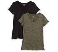 Amazon Essentials T-Shirt con Scollo a v a Maniche Corte Elasticizzata Tecnica - Colori Fuori Produzione Donna, Pacco da 2, Colorante Spaziale Verde Oliva/Nero, 3XL Plus
