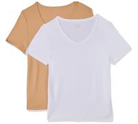 Amazon Essentials T-Shirt con Scollo a v a Maniche Corte Slim Donna, Pacco da 2, Bianco/Cammello Chiaro, M