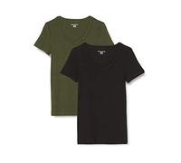 Amazon Essentials T-Shirt con Scollo a v a Maniche Corte Slim Donna, Pacco da 2, Verde Oliva Scuro/Nero, L