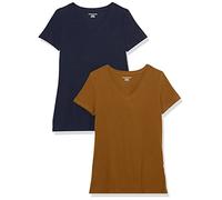 Amazon Essentials T-shirt da donna a maniche corte con scollo a V, vestibilità classica, confezione da 2, marrone castano scuro/blu navy, L