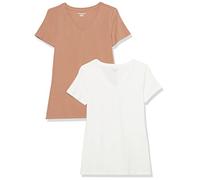 Amazon Essentials T-shirt da donna a maniche corte con scollo a V, vestibilità classica, confezione da 2, marrone chiaro/bianco, L