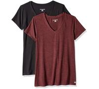 Amazon Essentials T-shirt da donna elasticizzata a maniche corte con scollo a V (taglie forti), confezione da 2, nero/bordeaux, tinta spaziale, S